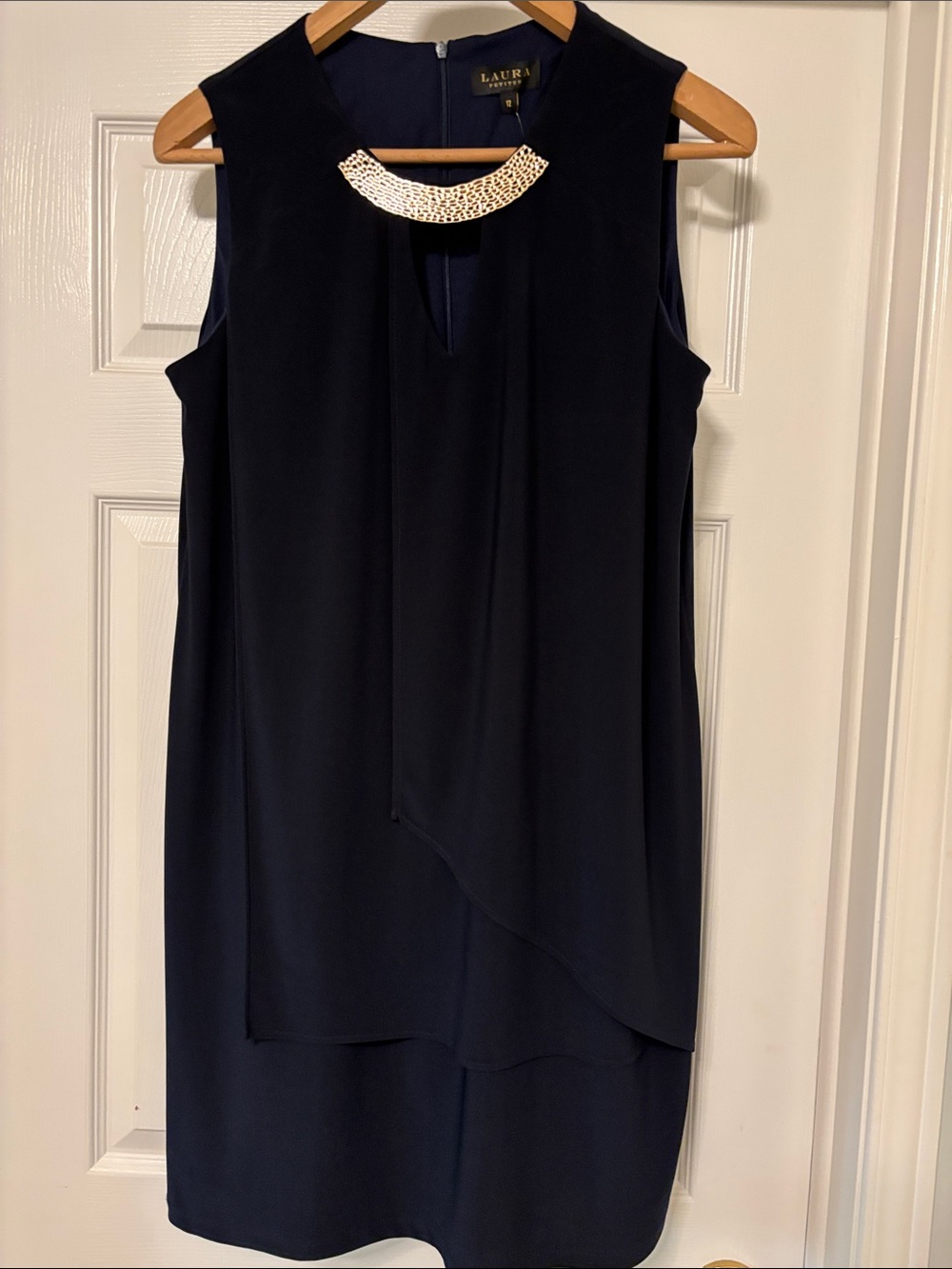 Laura Ashley Navy Sleeveless Midi Dress with Gold Collar Accent